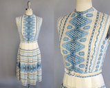 1960s Dress / Moroccan Fabric in Blue, White, and Metallic Gold Weave Dress  / Hand Woven Moroccan Fabric / Size Extra Small