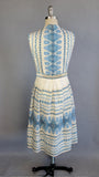 1960s Dress / Moroccan Fabric in Blue, White, and Metallic Gold Weave Dress  / Hand Woven Moroccan Fabric / Size Extra Small