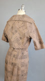 1950s Tiki Dress / 1950s Brown Cotton Dress Set with Abstract Tiki Print and Matching Jacket by De De Johnson / Size Medium - Large