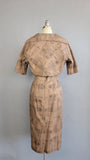 1950s Tiki Dress / 1950s Brown Cotton Dress Set with Abstract Tiki Print and Matching Jacket by De De Johnson / Size Medium - Large