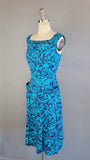 1950s Rose Print Dress /1950s Blue Roses Cotton Day Dress with Pockets / Size Medium