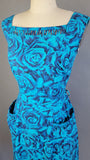 1950s Rose Print Dress /1950s Blue Roses Cotton Day Dress with Pockets / Size Medium