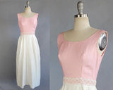 1960s Evening Dress / 1960s Pink and White Empire Waist Gown / 1960s Pink  Dress / Size Small