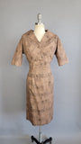 1950s Tiki Dress / 1950s Brown Cotton Dress Set with Abstract Tiki Print and Matching Jacket by De De Johnson / Size Medium - Large