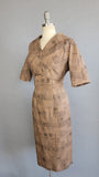 1950s Tiki Dress / 1950s Brown Cotton Dress Set with Abstract Tiki Print and Matching Jacket by De De Johnson / Size Medium - Large