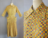 1950s Shirtwaist Dress / 1950s Hieroglyphic Check Print Multi-Color Shirtwaist Dress / 1950s Cotton Print Day Dress / Size Medium