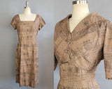 1950s Tiki Dress / 1950s Brown Cotton Dress Set with Abstract Tiki Print and Matching Jacket by De De Johnson / Size Medium - Large