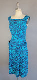 1950s Rose Print Dress /1950s Blue Roses Cotton Day Dress with Pockets / Size Medium