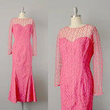 1950’s Grace Poliner Gown / Pink Silk & Raffia Mermaid Dress /  Raffia Dress / 1950s Bombshell Dress /  Vintage Designer / Size Medium