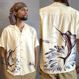 1940s Catalina Marlin Shirt / Rare Catalina Marlin Shirt /Hand Printed Back Panel Shirt / 1940s Rayon Hawaiian Shirt /Size Medium Size Large