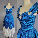 1980s Ball Gown / Victorian Style Dress / 1980s Blue Lamé and White Lace Gown / Size X-Small, Extra Small