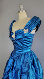 1980s Ball Gown / Victorian Style Dress / 1980s Blue Lamé and White Lace Gown / Size X-Small, Extra Small