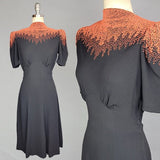 Rare 1940s Dress / Black Crepe Dress with Cascading Red Beads / 1940s Beaded Dress / Black and Red Dress /Size Small Medium