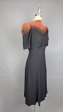 Rare 1940s Dress / Black Crepe Dress with Cascading Red Beads / 1940s Beaded Dress / Black and Red Dress /Size Small Medium
