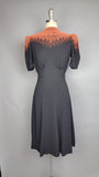 Rare 1940s Dress / Black Crepe Dress with Cascading Red Beads / 1940s Beaded Dress / Black and Red Dress /Size Small Medium