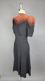 Rare 1940s Dress / Black Crepe Dress with Cascading Red Beads / 1940s Beaded Dress / Black and Red Dress /Size Small Medium