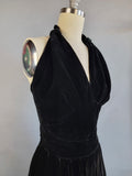 1950s Velvet Dress / Backless Halter Top and Maxi Skirt / 1950s Black Velvet Gown / Size X-Small Small