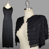 1940s Fringed Dress / Black Fringe Gown with Matching Bolero Jacket / 1940s Hawaiian Dress / Size Small