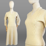 1950s Knit Set / 1950s Cream Bouclé Knit Skirt Set / Size Medium Large