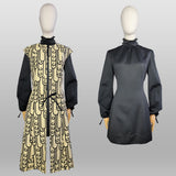 1960s Mod Dress /1960s Mod Black Mini Dress and Vest / Black Mini Dress / Deco Print / Size Large
