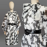 1960s Floral Dress / 1960s Black and White Cotton Floral Dress with Bow / Coquette Dress / Size Medium Large