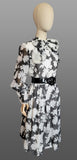 1960s Floral Dress / 1960s Black and White Cotton Floral Dress with Bow / Coquette Dress / Size Medium Large