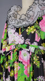 1960s Maxi Dress / Floral Maxi Dress with Ruffled Sleeves and Neckline / Size Medium