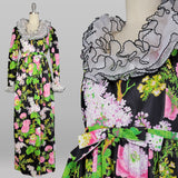 1960s Maxi Dress / Floral Maxi Dress with Ruffled Sleeves and Neckline / Size Medium