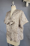 1940s Silk Blouse / Plus Size 1940s / Brown and Cream Silk Blouse with Rhinestone Buttons / Size XXL Plus Size