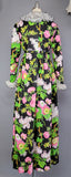 1960s Maxi Dress / Floral Maxi Dress with Ruffled Sleeves and Neckline / Size Medium