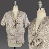1940s Silk Blouse / Plus Size 1940s / Brown and Cream Silk Blouse with Rhinestone Buttons / Size XXL Plus Size