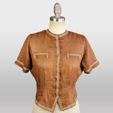 1940s Blouse / 40s Brown Fine Linen Blouse /Peplum Blouse / Size Small