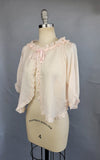 1930s Bed Jacket / Pale Pink Silk Ruffle Tie Top / Size Large XL Extra Large