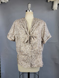 1940s Silk Blouse / Plus Size 1940s / Brown and Cream Silk Blouse with Rhinestone Buttons / Size XXL Plus Size