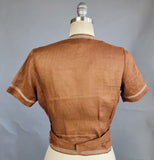 1940s Blouse / 40s Brown Fine Linen Blouse /Peplum Blouse / Size Small