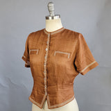 1940s Blouse / 40s Brown Fine Linen Blouse /Peplum Blouse / Size Small