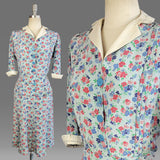 1940s Dress / 1940s Blue Floral Silk Swiss Day Dress / 1940s Floral Dress with Peplum / Size Medium