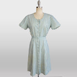 1940s Day Dress / 1940s Mc Mullen Dress / Blue and White Striped Cotton Shirtwaist Dress / Size Medium Large