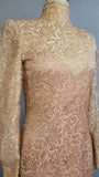 Gold Evening Dress / Saks 5th Avenue Dress / 1980s Gold Lace Long Sleeved Evening Gown / Size Medium