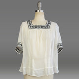 1940s Blouse / 1940s Peasant Blouse / Black & White Bavarian Trim / 40s White Short-Sleeved Blouse / Size Large Extra Large