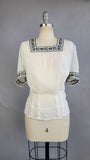 1940s Blouse / 1940s Peasant Blouse / Black & White Bavarian Trim / 40s White Short-Sleeved Blouse / Size Large Extra Large