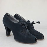 1930s Pumps / I Miller Shoes / Lace-up Peep Toed Shoes / 30s Black Suede Pumps by I Miller / Hand Made Shoes / Size 5 1/2 , Size 6