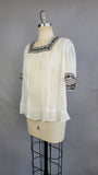 1940s Blouse / 1940s Peasant Blouse / Black & White Bavarian Trim / 40s White Short-Sleeved Blouse / Size Large Extra Large