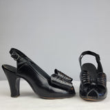 1930s Sling Back Peep-toe Pumps / Delman Pumps with Large Leather Bow / Pin Up Shoes / 1930s Heels / Original Box / Size 6 M