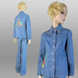 1970s Denim Pantsuit / Beaded Fish / Custom Denim /1970s Western Suit / High Waisted Pants / Denim Shirt-Jac / 1970s Pantsuit / Size Small
