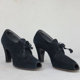 1930s Pumps / I Miller Shoes / Lace-up Peep Toed Shoes / 30s Black Suede Pumps by I Miller / Hand Made Shoes / Size 5 1/2 , Size 6