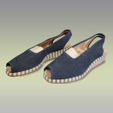 1960s Play Shoes by Joyce Inc. / Vintage Espadrilles / Deadstock / Denim Sling Back Peep Toe Wedge Shoes / Vintages Wedges / Size 6
