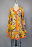 1960s Mini Dress / 1960s Mod Dress/ Hippie Dress / 1960s Orange Print Dress / Flower Power Dress/ 1960s Go Go Dress / Size Medium