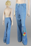 1970s Denim Pantsuit / Beaded Fish / Custom Denim /1970s Western Suit / High Waisted Pants / Denim Shirt-Jac / 1970s Pantsuit / Size Small