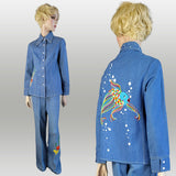 1970s Denim Pantsuit / Beaded Fish / Custom Denim /1970s Western Suit / High Waisted Pants / Denim Shirt-Jac / 1970s Pantsuit / Size Small